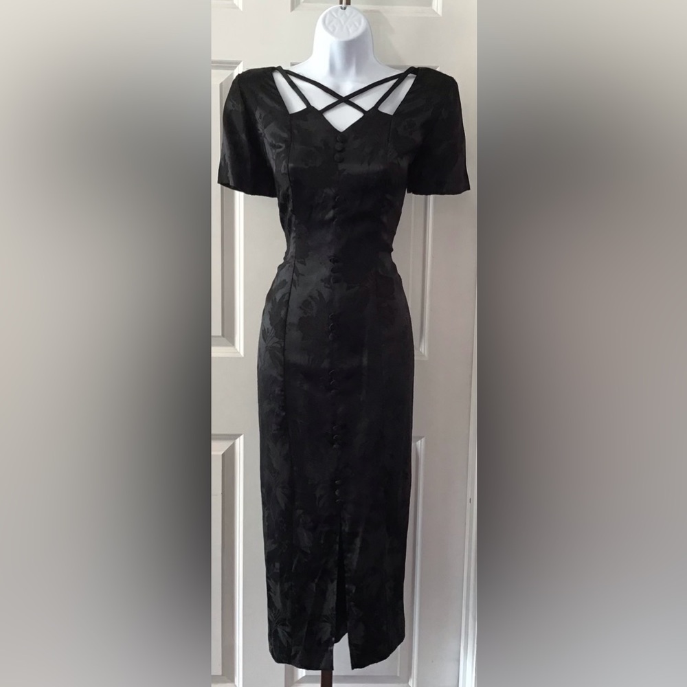 Dawn Joy Vintage Black Floral Dress with Strappy V Neckline, T-Length